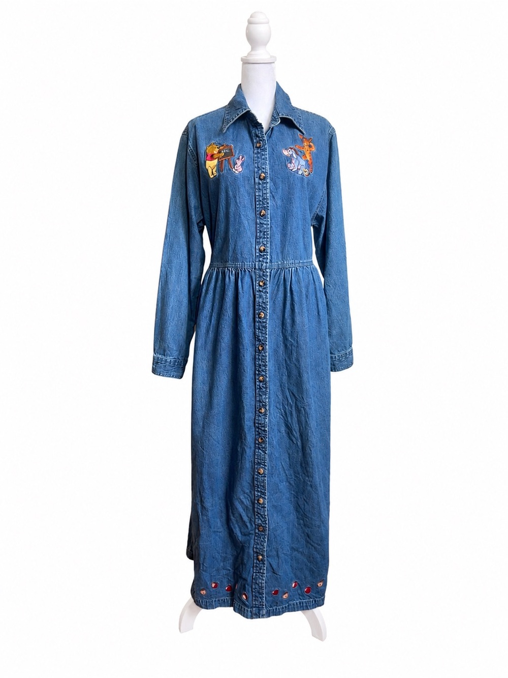 Disney Store Vintage Denim Shirt Dress Winnie the Pooh Friends Embroidered L